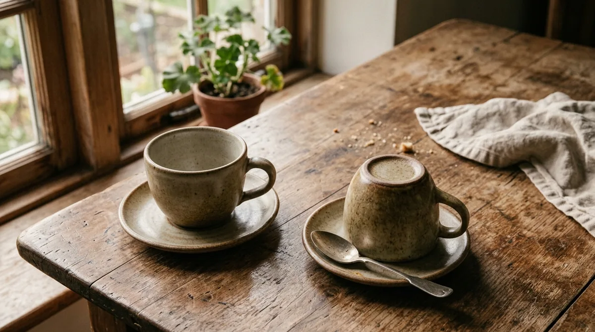 Deux tasses de café posées sur une vieille table en bois près d'une fenêtre, lumière du matin