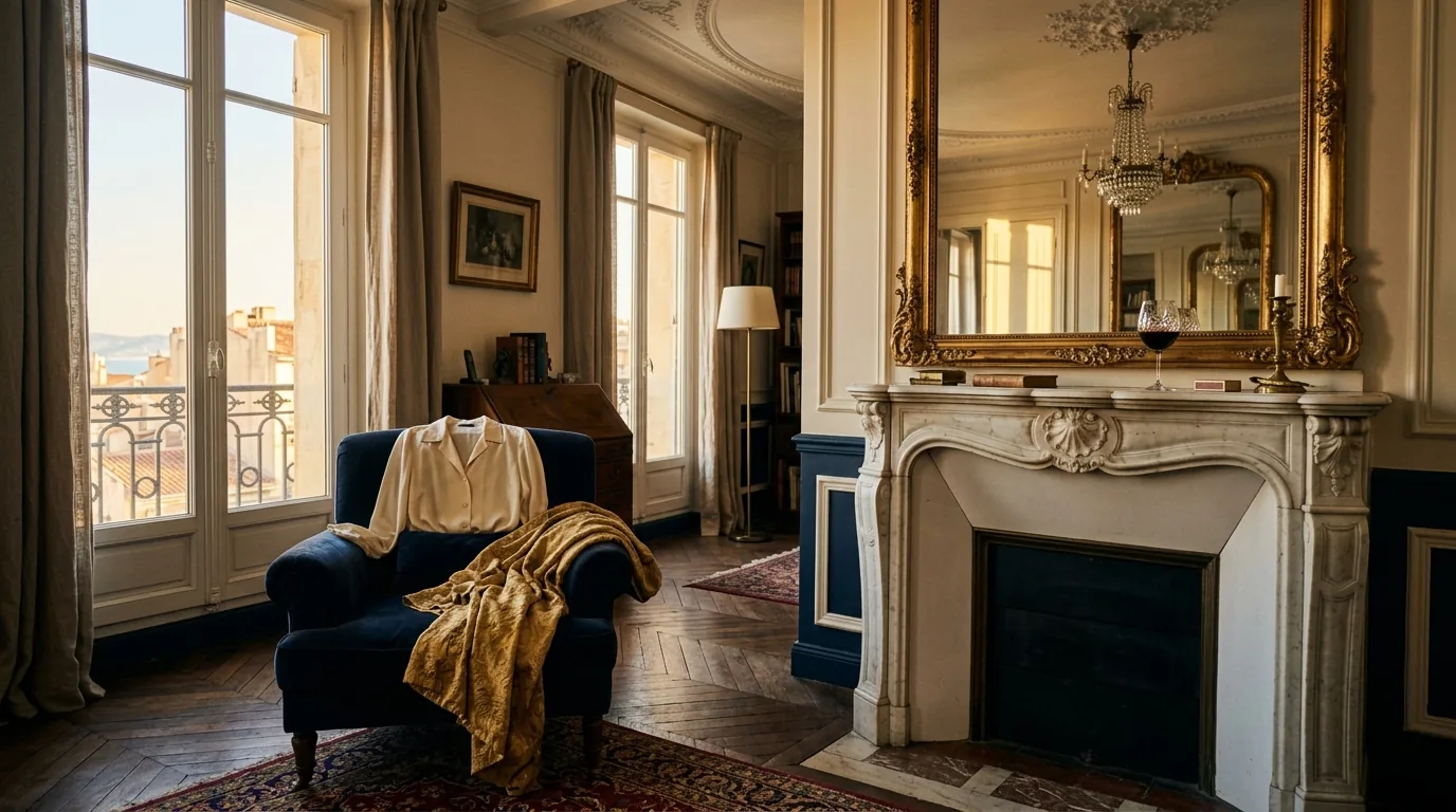 Salon bourgeois marseillais de Caroline pour la salope au tel — fauteuil bleu velours, cheminée marbre, ambiance Côte d'Or