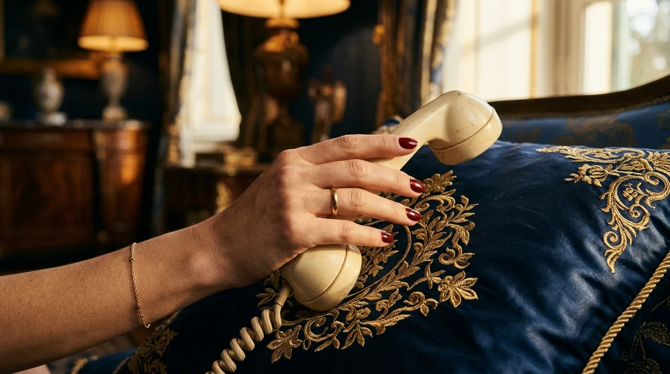 Salope au tel — main de Caroline avec alliance et bracelet en or, téléphone vintage crème, ambiance bleu Marseille et or